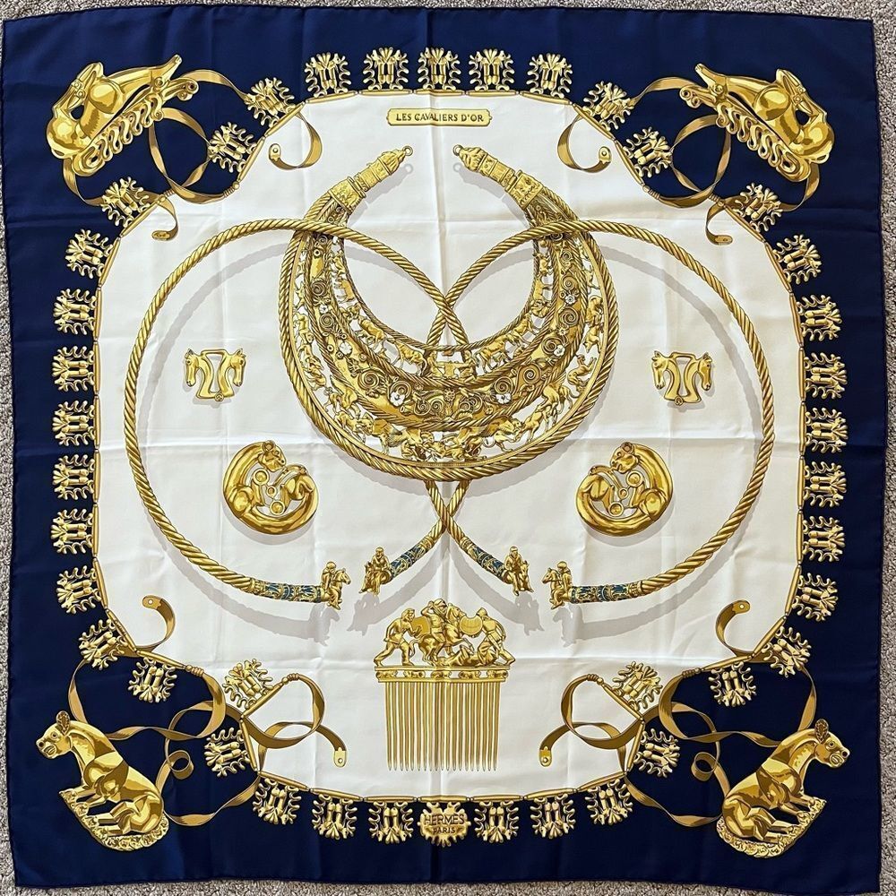 AUTH HERMES SILK SCARF- Les Cavaliers D’Or