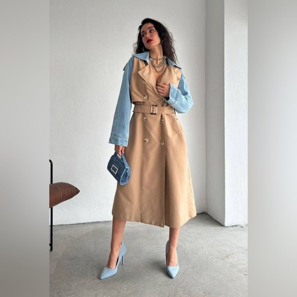 Trench Coat Jacket beige with denim sleeve