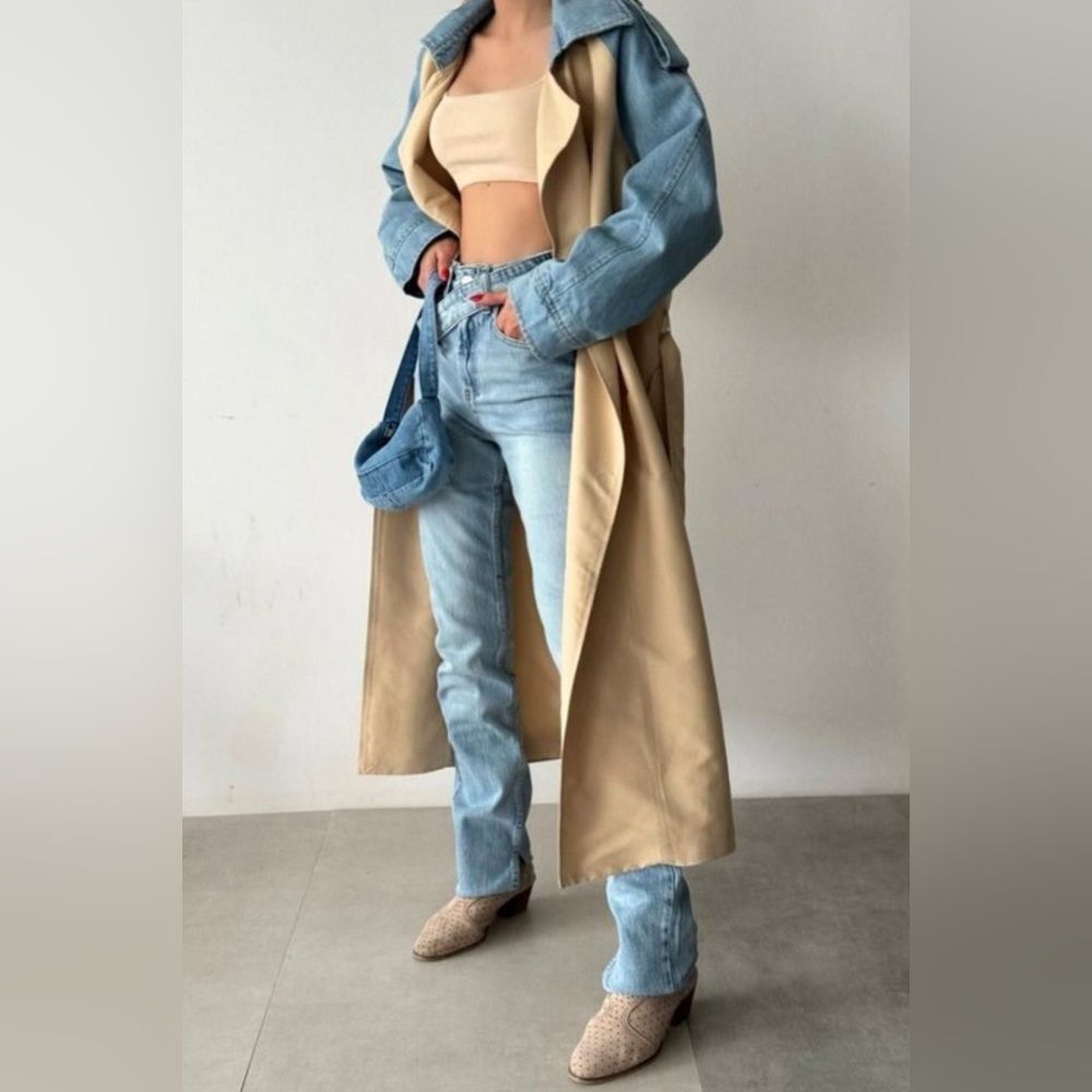 Trench Coat Jacket beige with denim sleeve