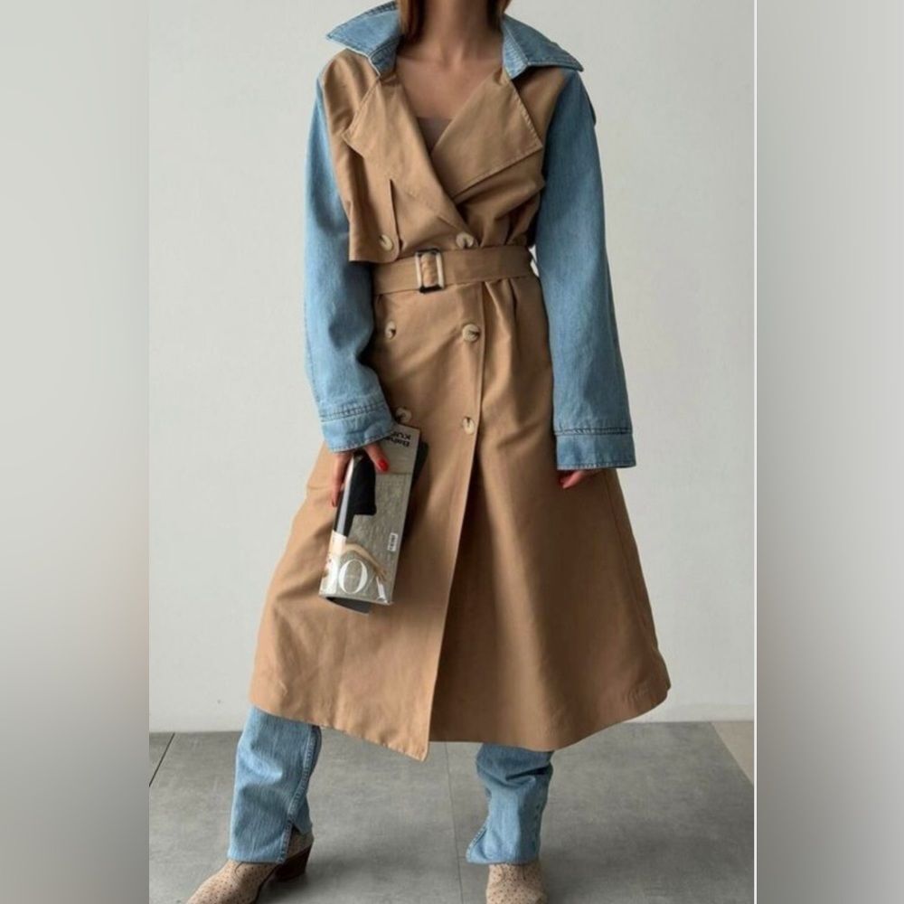 Trench Coat Jacket beige with denim sleeve