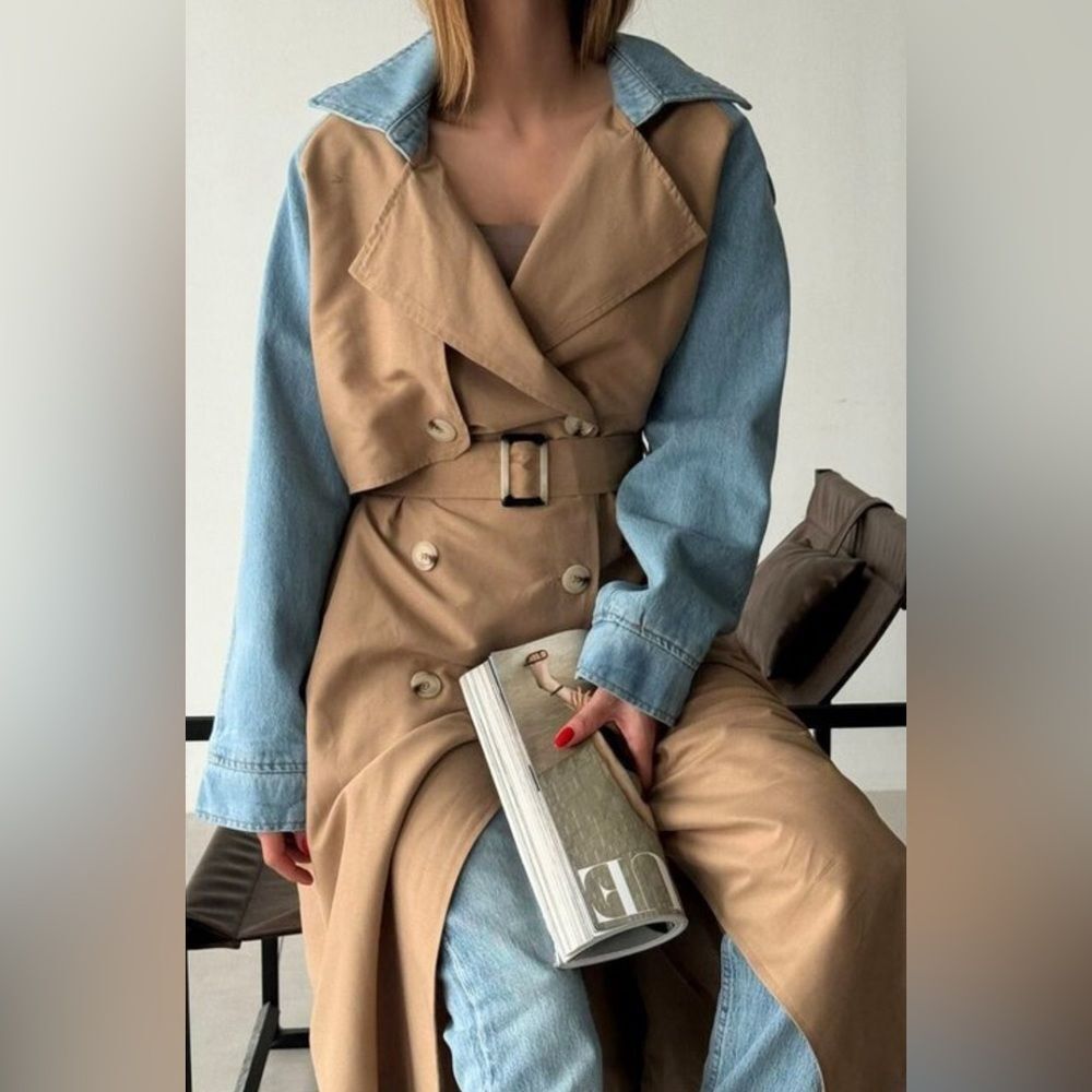 Trench Coat Jacket beige with denim sleeve