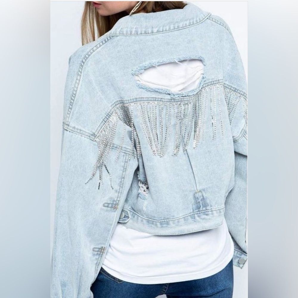 Rhinestone Fringe Distress Denim Jacket