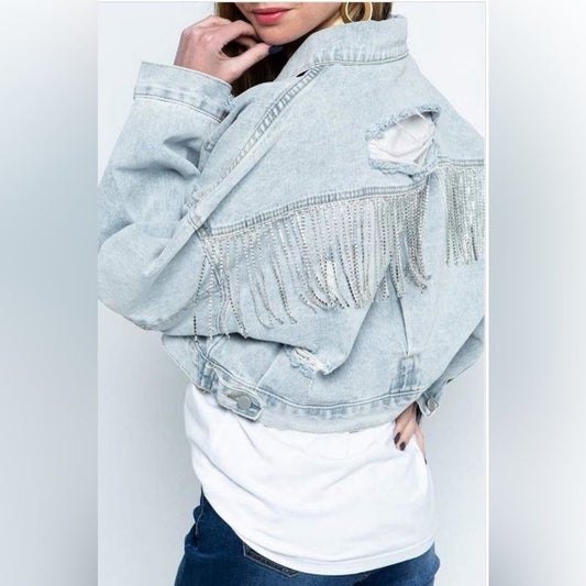 Rhinestone Fringe Distress Denim Jacket