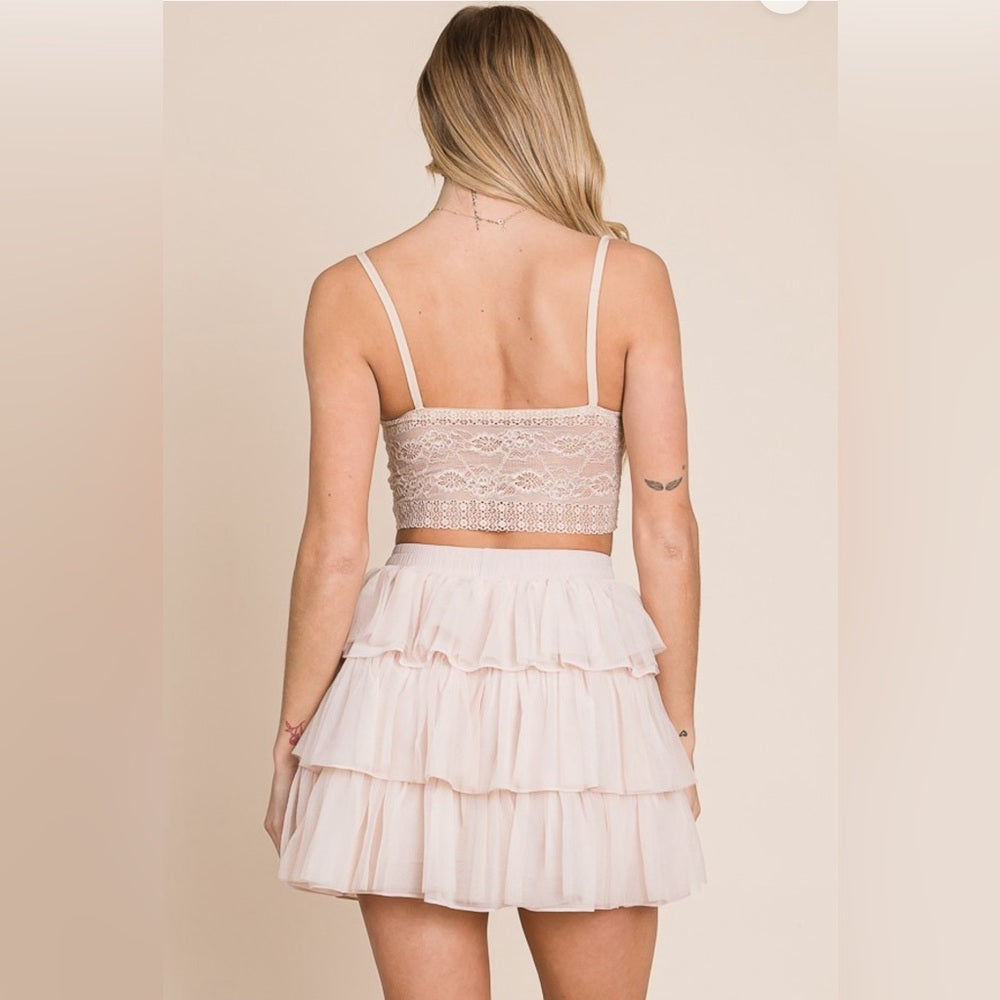 CREAM- SOLID MESH TIERED SKIRT