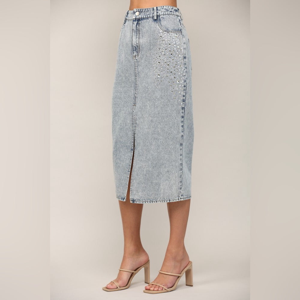 Rhinestone Embellished Denim Midi Skirt