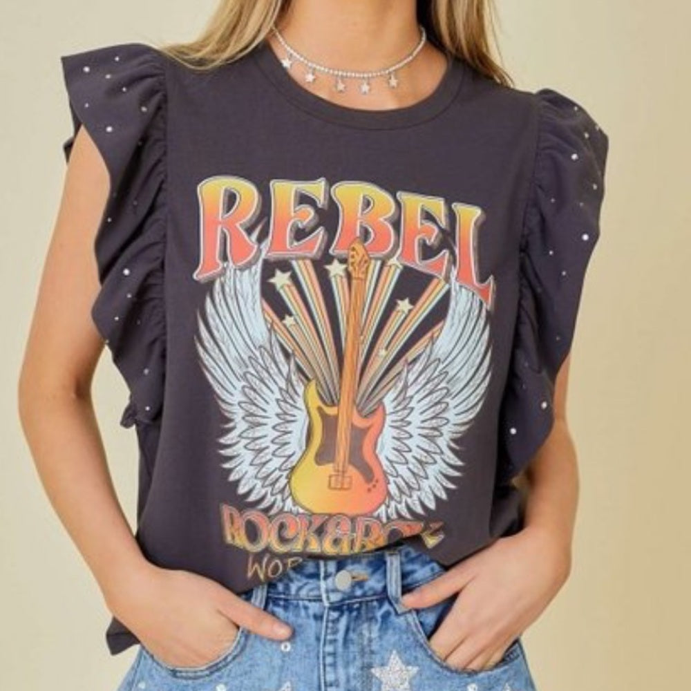 EMBELLISHED REBEL RUFFLE SLEEVE TOP