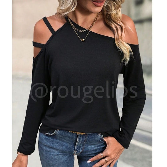 Black Strappy Shirt Casual Cold Shoulder, Asymmetrical,  Long Sleeve