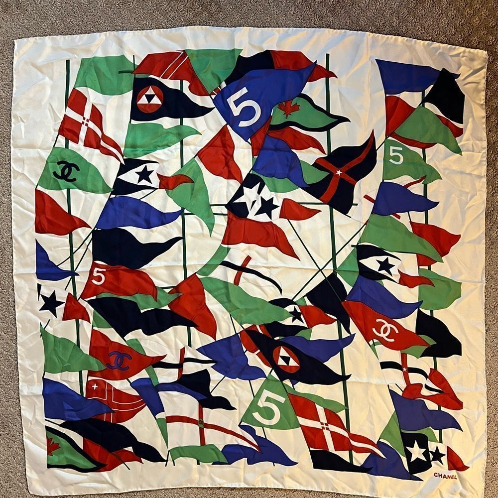 AUTH CHANEL FLAG SCARF- 100% silk