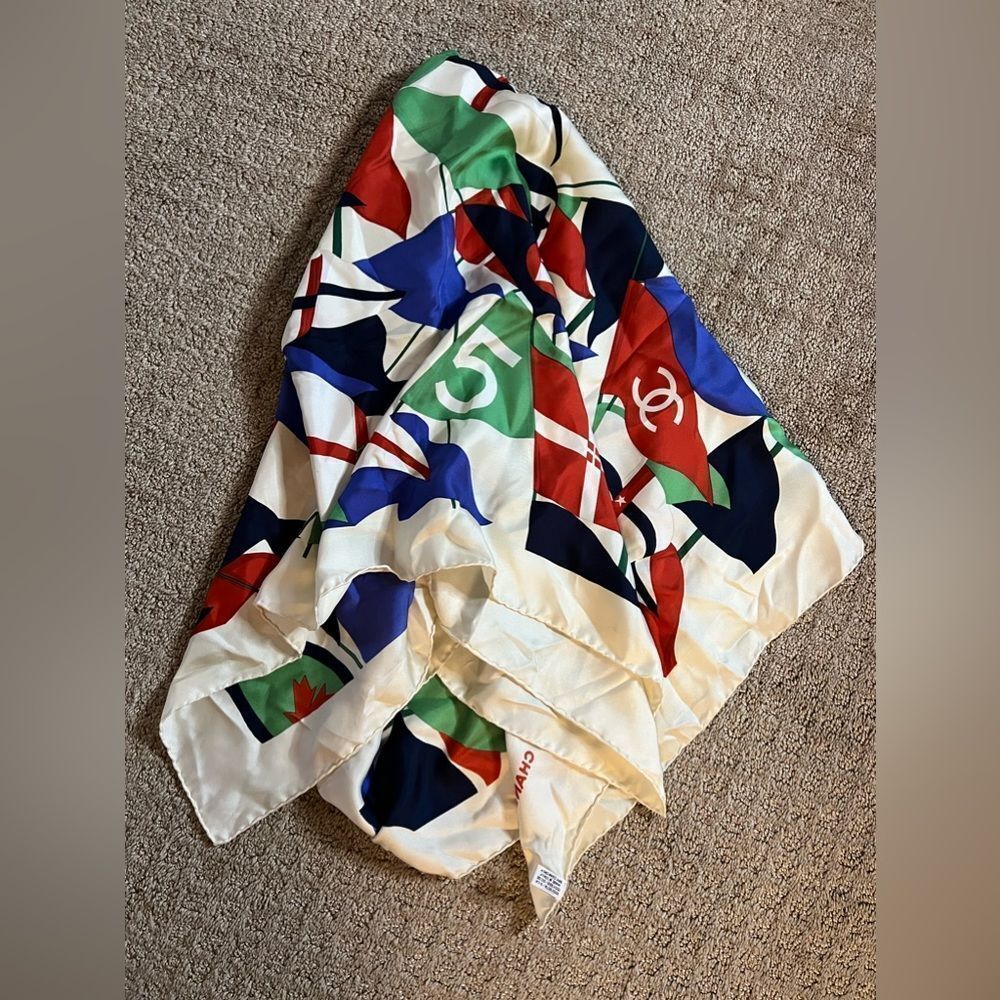 AUTH CHANEL FLAG SCARF- 100% silk