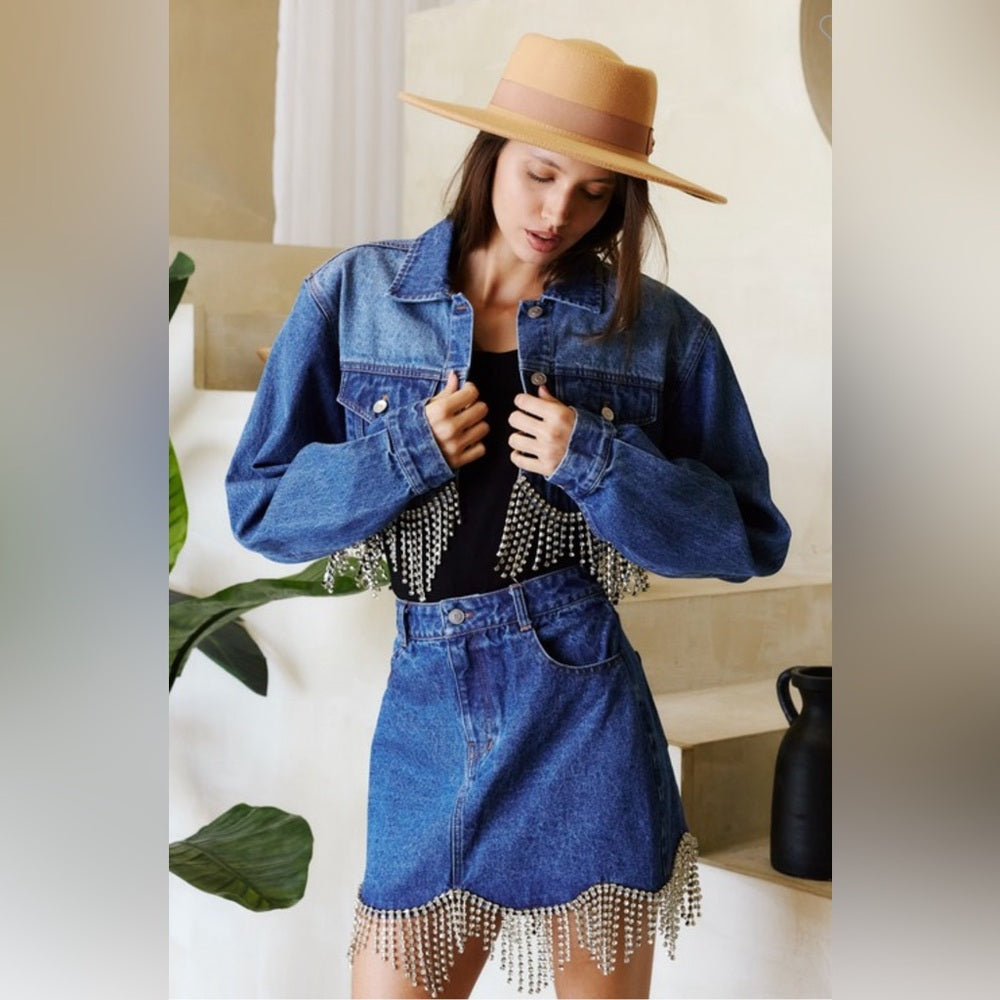 RHINESTONE SCALLOPED DENIM JACKET