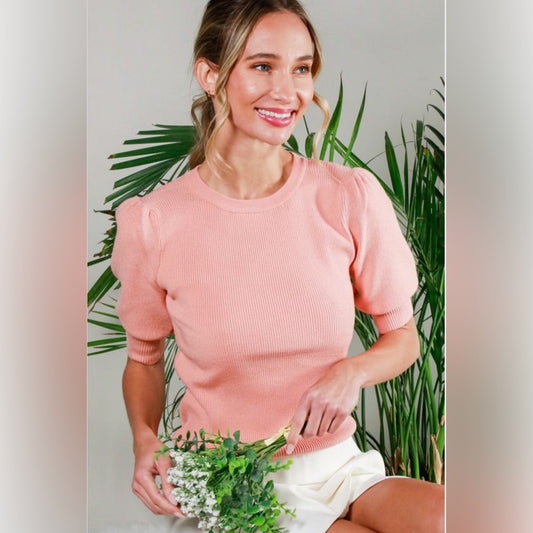 CREW NECK SHORT PUFF SLEEVE RIB KNIT TOP- PEACH