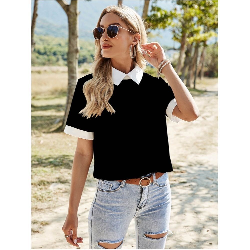 Black Blouse Shirt White Collar