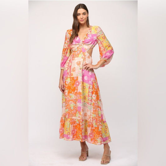 224 FLORAL PATCHWORK PRINT CUT OUT TIE BACK MAXI DRESS