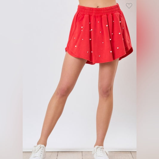 PEARL EMBELLISHED RED TERRY SKIRT