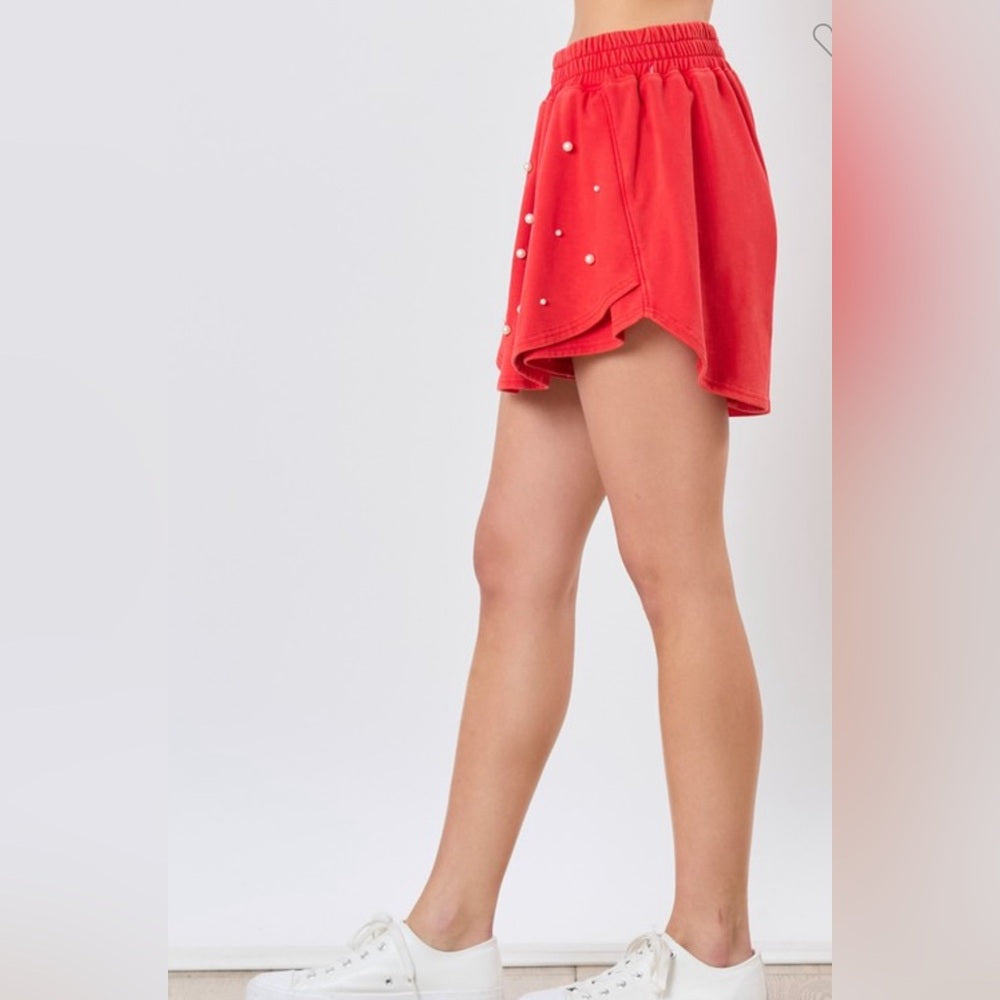 PEARL EMBELLISHED RED TERRY SKIRT