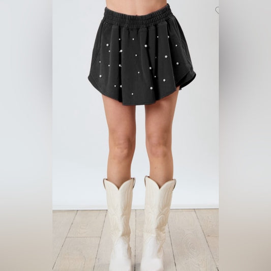 PEARL EMBELLISHED TERRY SKIRT- BLACK