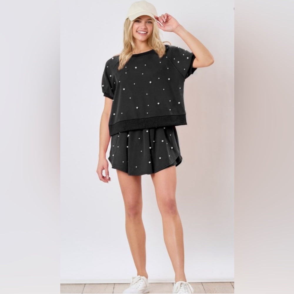 PEARL EMBELLISHED TERRY SKIRT- BLACK