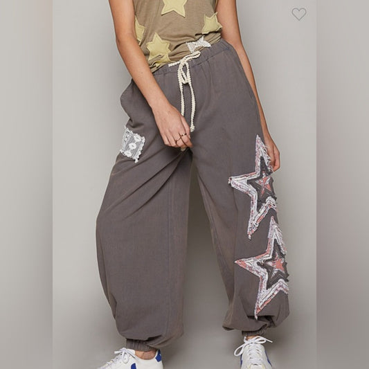 CROCHET STAR PATCH JOGGER PANTS