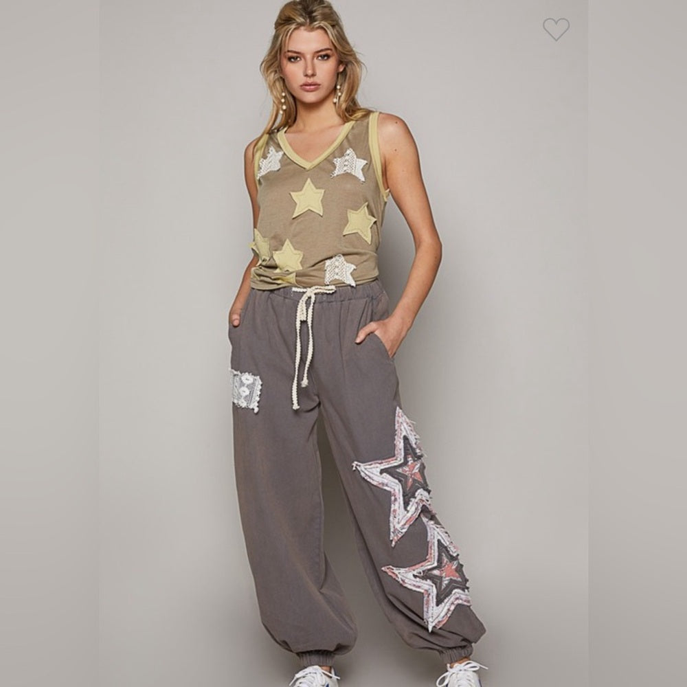 CROCHET STAR PATCH JOGGER PANTS