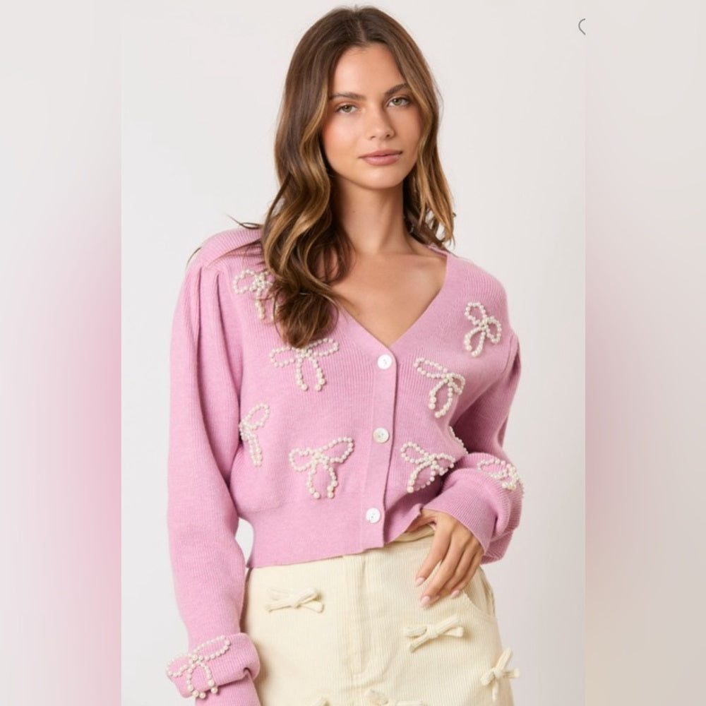 PEARL BOW EMBELLISHED CROPPED CARDIGAN