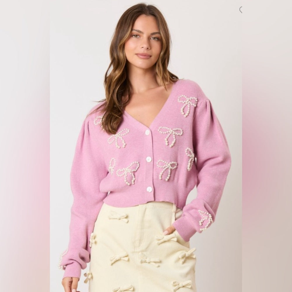 PEARL BOW EMBELLISHED CROPPED CARDIGAN