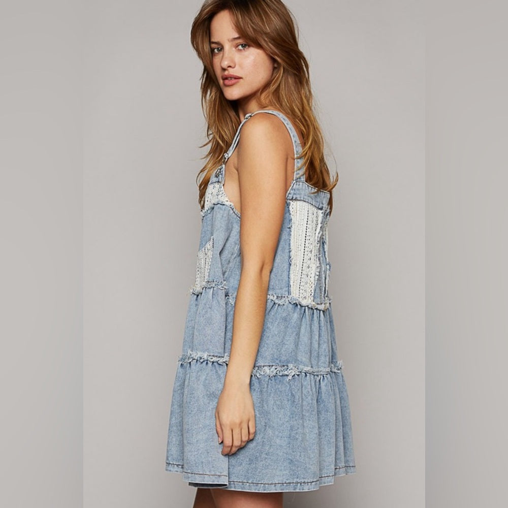 DENIM FRAYED EDGE BUTTON OVERALL DRESS