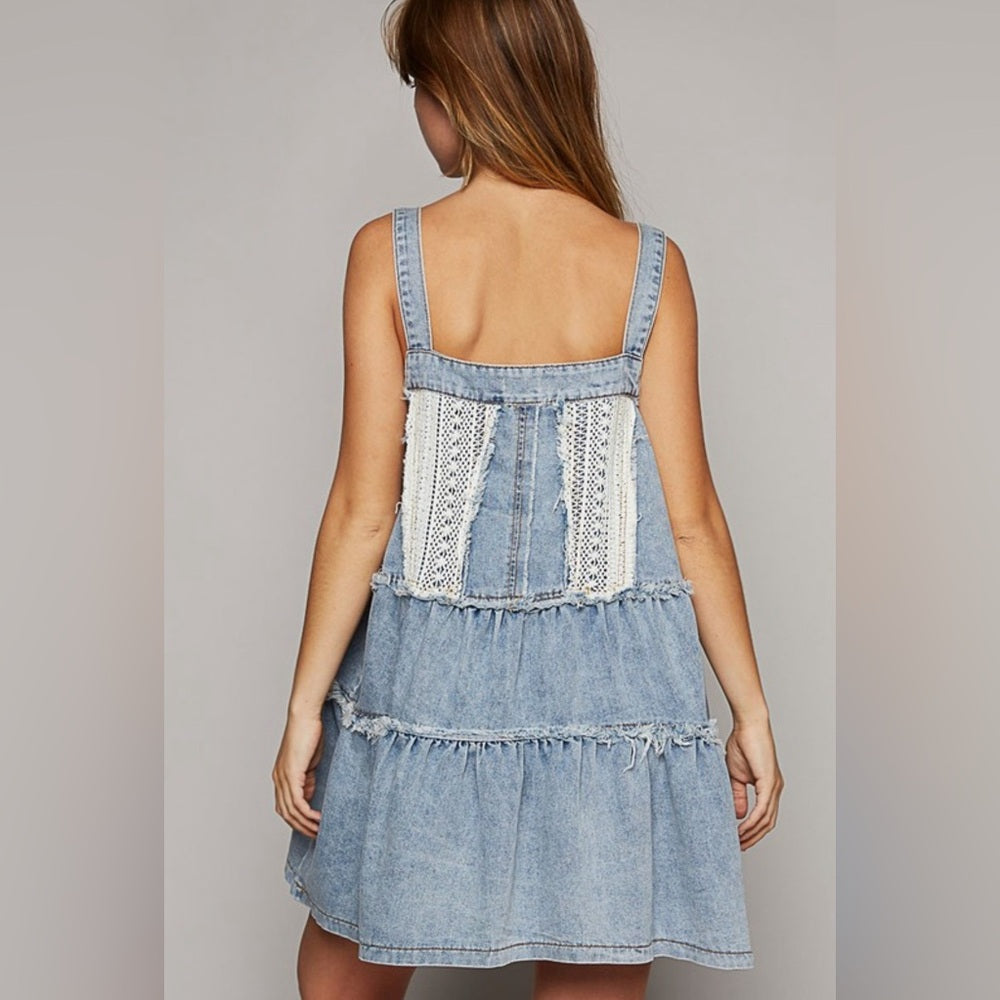 DENIM FRAYED EDGE BUTTON OVERALL DRESS