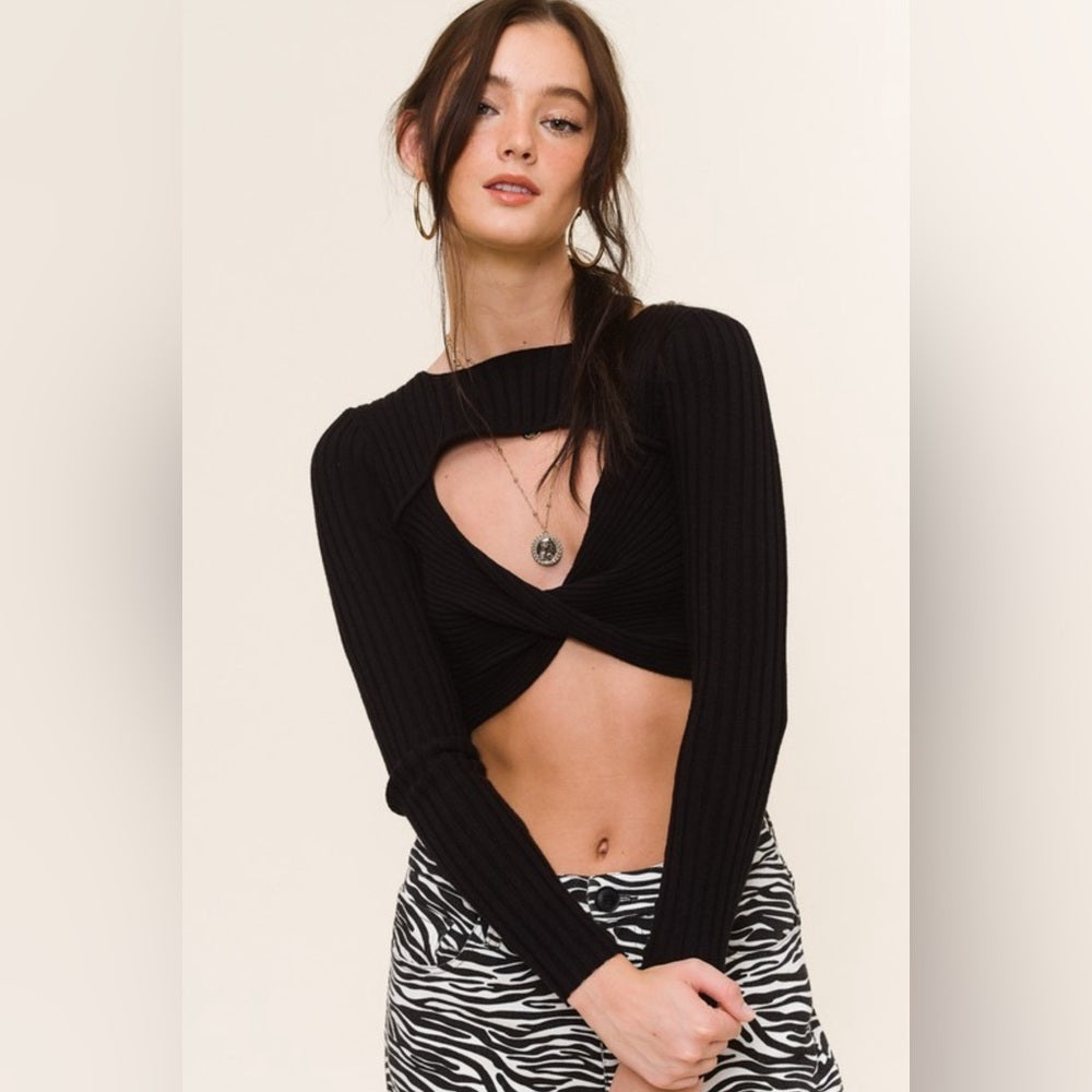 RIBBED KNIT FRONT KEYHOLE TWIST CROPTOP- BLACK