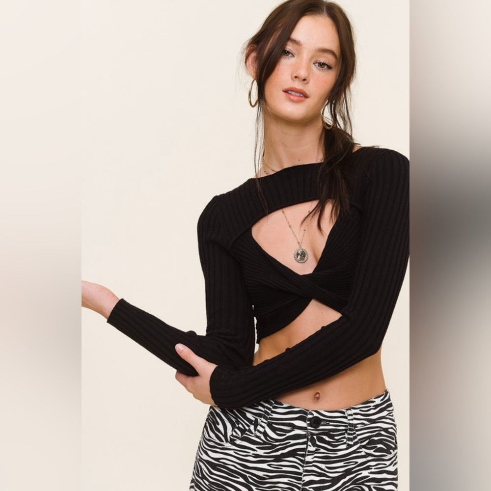 RIBBED KNIT FRONT KEYHOLE TWIST CROPTOP- BLACK