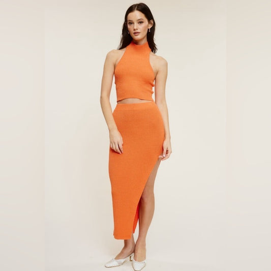 SOLID HALTER TOP WITH SLIT MIDI SKIRT SET- PAPAYA