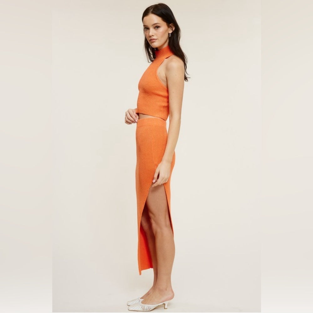 SOLID HALTER TOP WITH SLIT MIDI SKIRT SET- PAPAYA