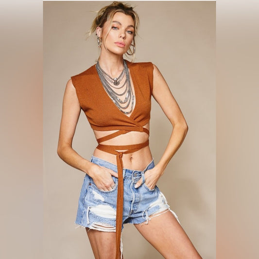 SOFT KNIT WRAP AROUND STYLE SLEEVELESS TOP- BRONZE