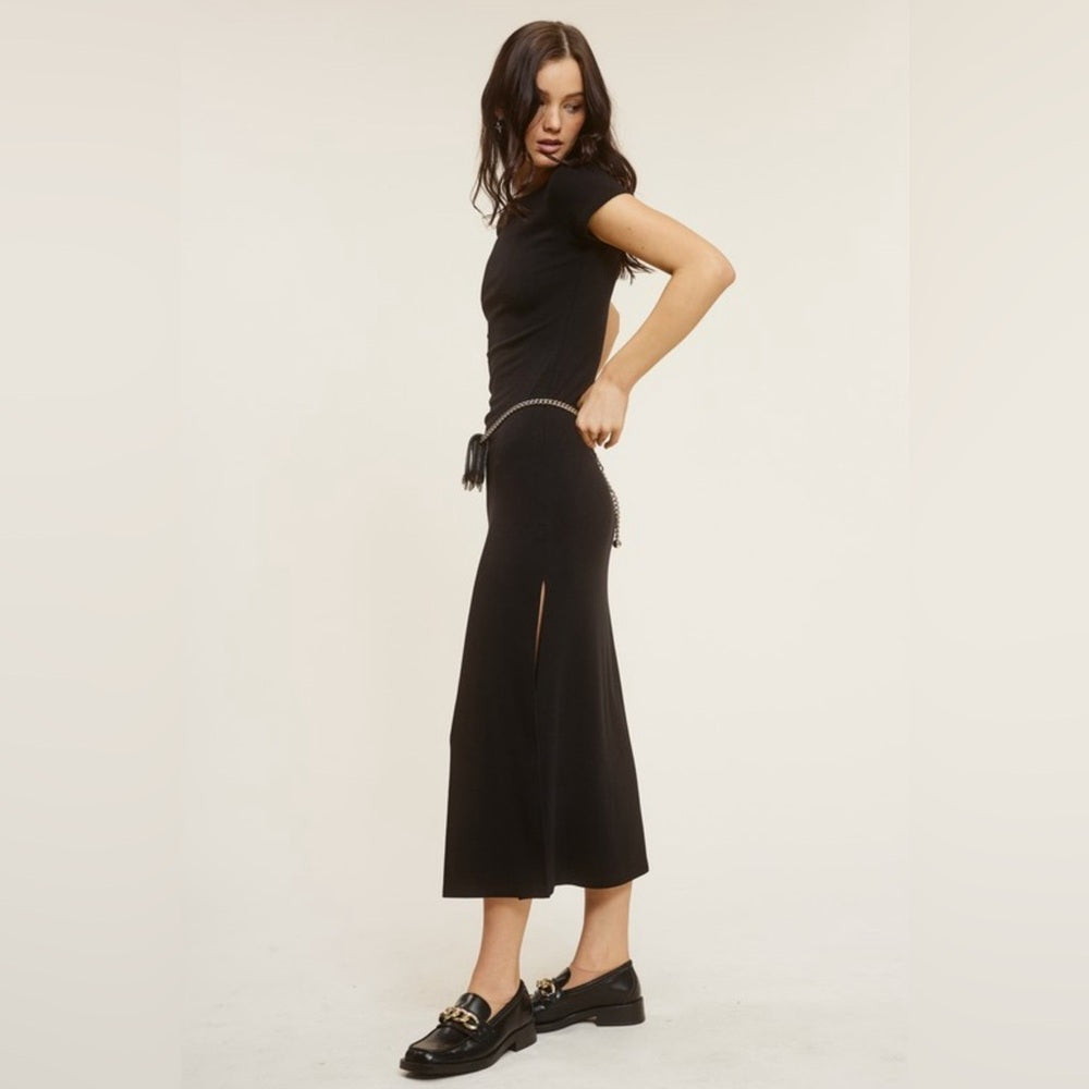 BASIC STRETCH JERSEY KIT MIDI SLIT DRESS- BLACK