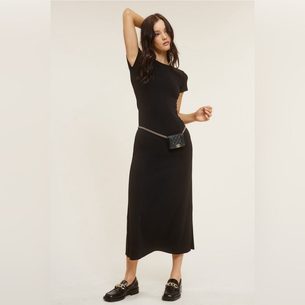 BASIC STRETCH JERSEY KIT MIDI SLIT DRESS- BLACK