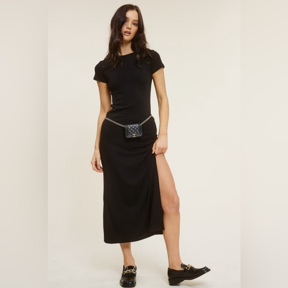 BASIC STRETCH JERSEY KIT MIDI SLIT DRESS- BLACK