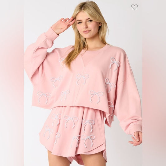 PEARL BOW EMBELLISHED CROPPED SWEATSHIRT AND SKORT SET