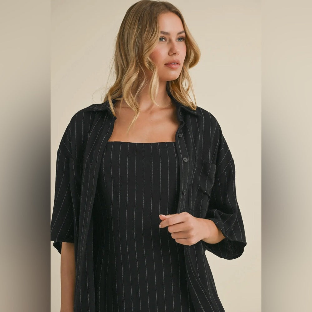 025. Pinstripe mini dress with oversized, button-down, collared shirt