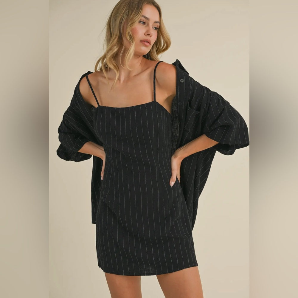 025. Pinstripe mini dress with oversized, button-down, collared shirt