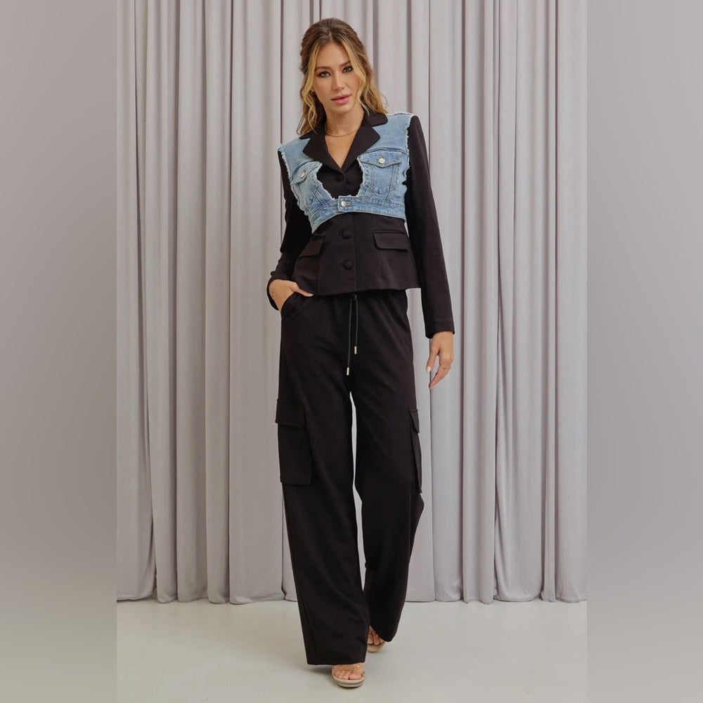 BLAZER JEAN MIX UP PANT AND JACKET SET- BLACK