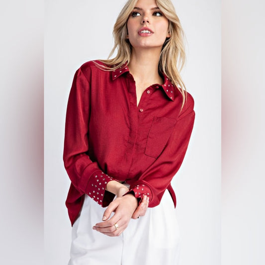 SCARLET EMBELLISHED BUTTON DOWN LONG SLEEVE BLOUSE TOP