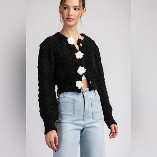 3D FLOWER BUTTON CARDIGAN SWEATER