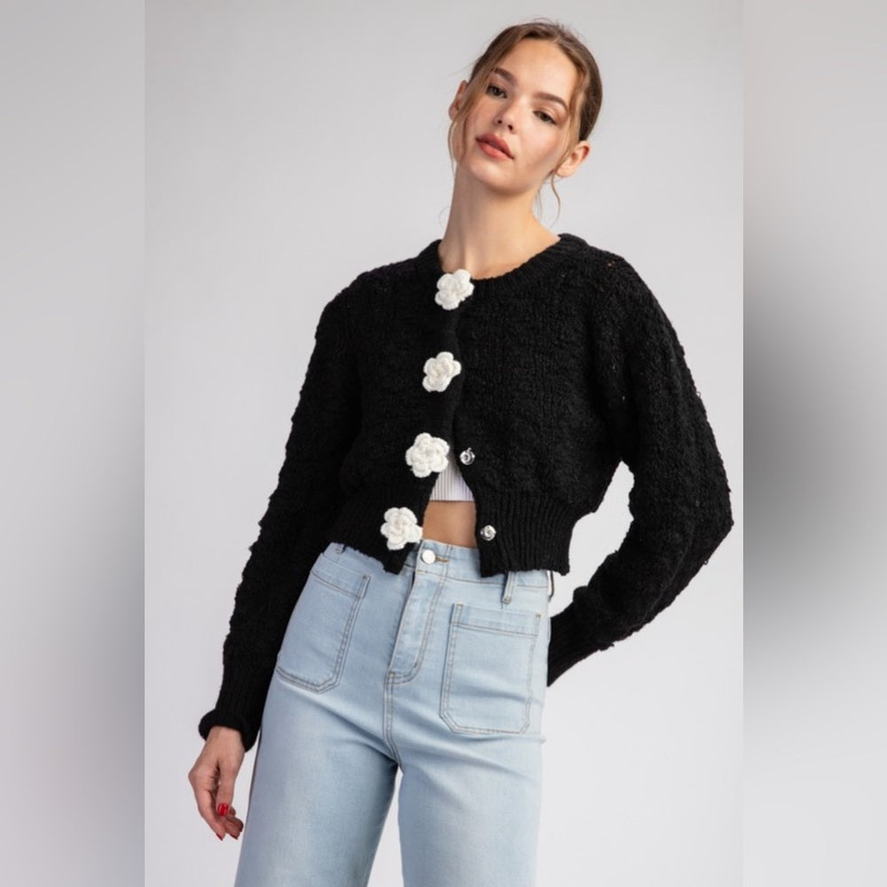 3D FLOWER BUTTON CARDIGAN SWEATER