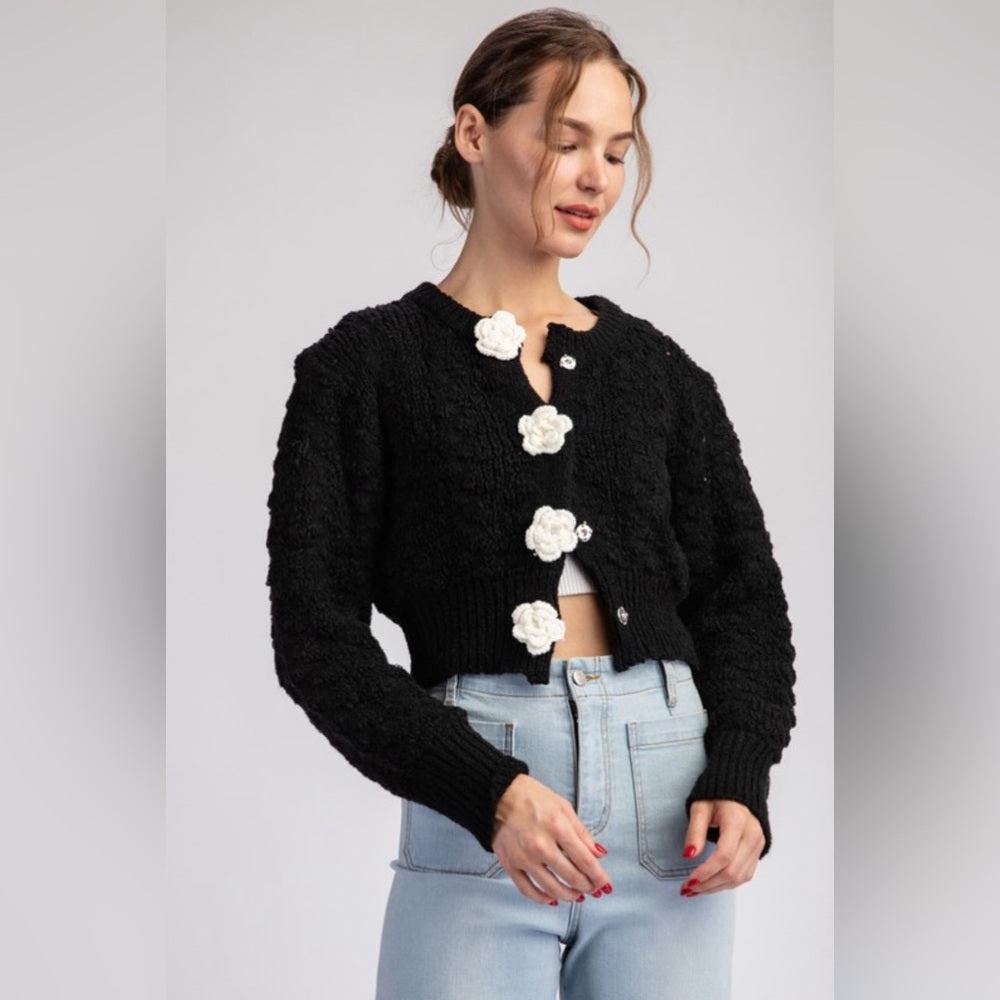 3D FLOWER BUTTON CARDIGAN SWEATER