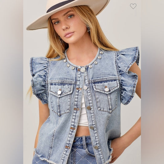 RHINESTONE DENIM VEST RUFFLE SLEEVE