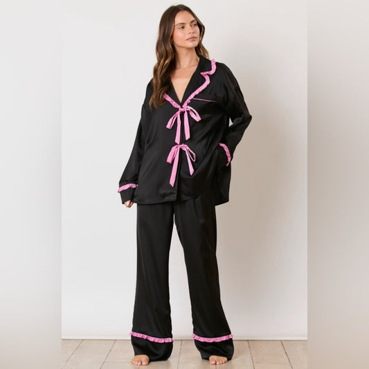 SATIN RUFFLE DETAIL PAJAMA SET