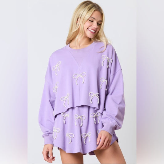 PEARL BOW EMBELLISHED CROPPED SWEATSHIRT AND SKORT SET- PURPLE
