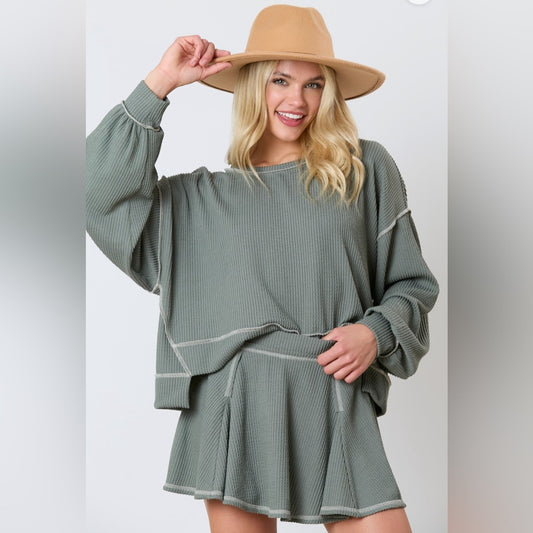 REVERSE STITCH SKIRT WITH HIDDEN SHORTS AND LONG SLEEVE SHIRT SET- OLIVE