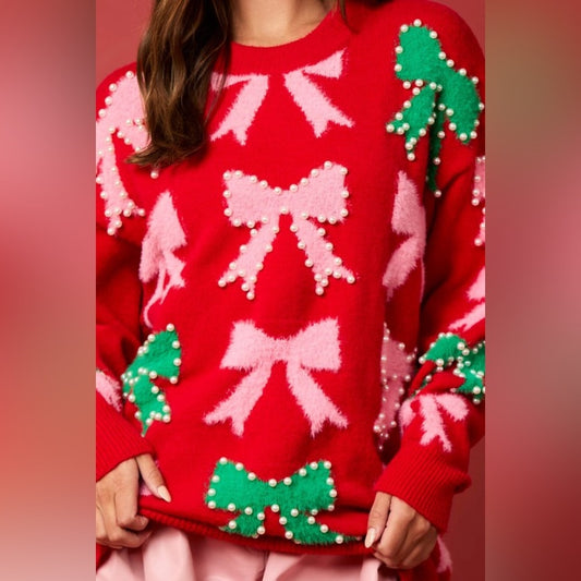 PEARL AND BOW EMBELLISHED SWEATER