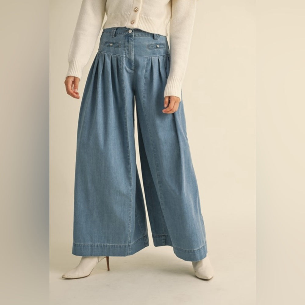 DENIM PLEATED WIDE LEG PANTS