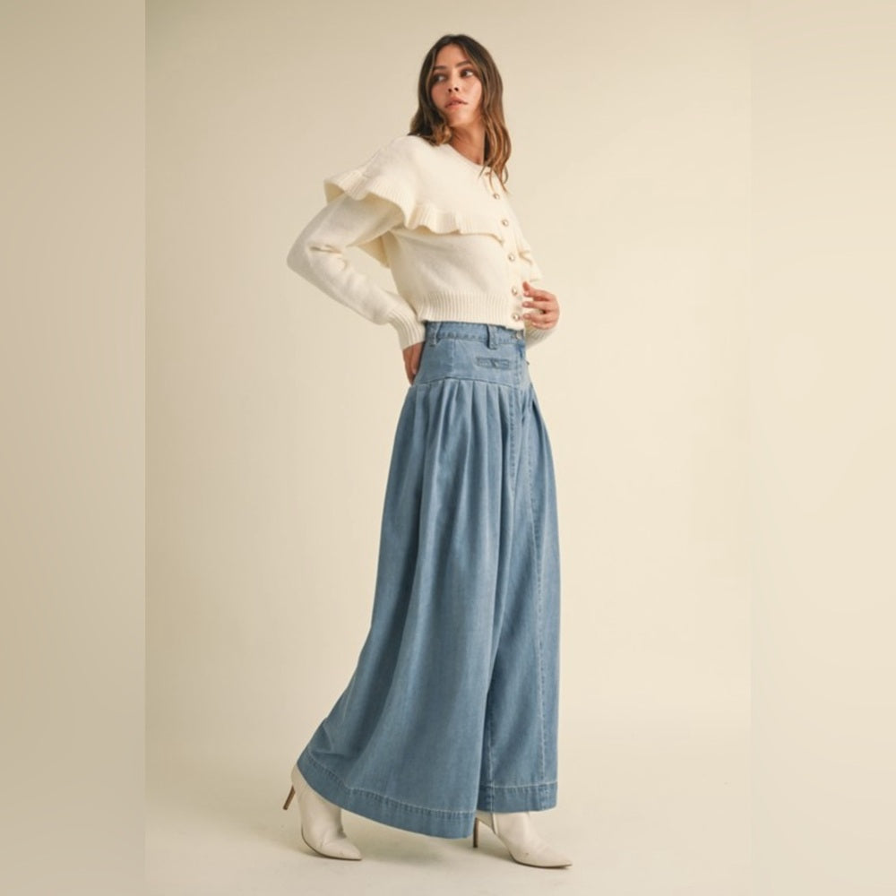 DENIM PLEATED WIDE LEG PANTS